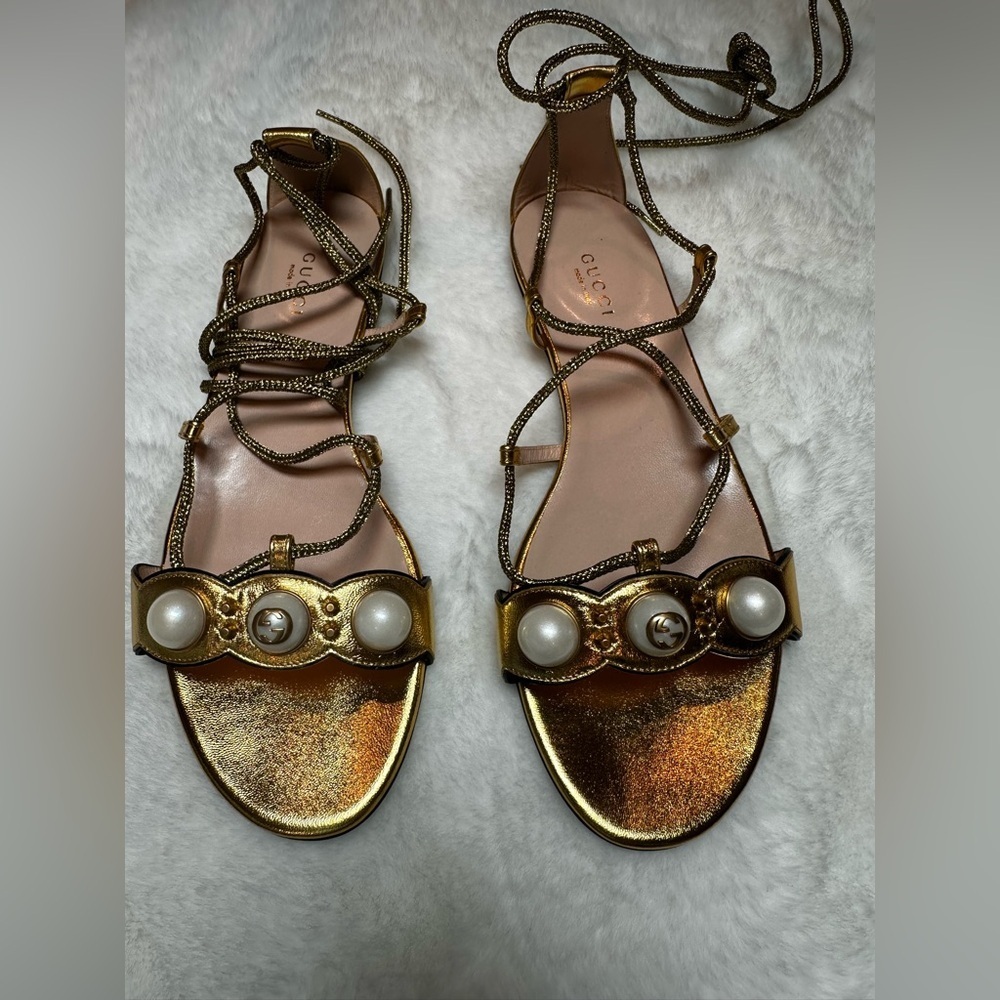 Gucci Metallic Gold Lace-Up Sandals - Picture 3 of 11